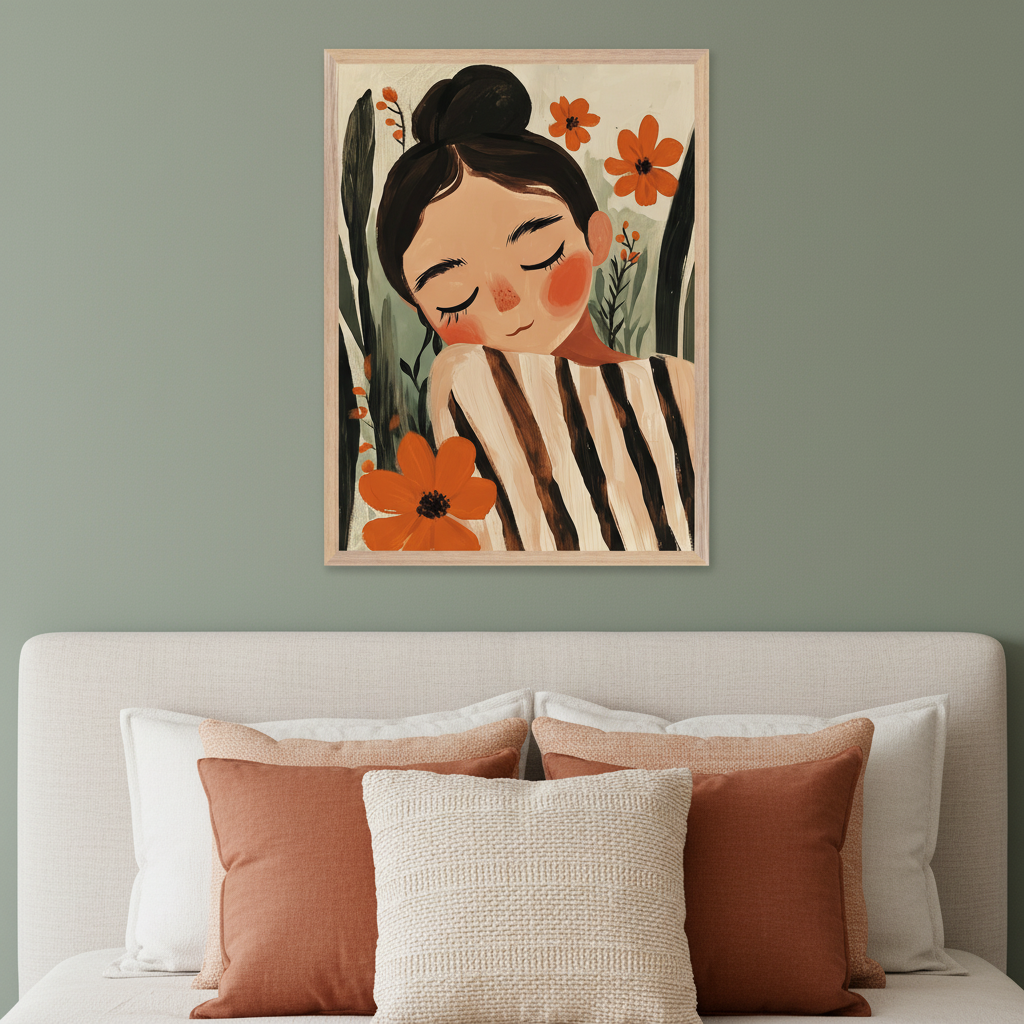 Bedroom with a sage green wall and a light beige upholstered bed. A framed illustrative painting of a woman with closed eyes and rosy cheeks, wearing a striped top, surrounded by green foliage and orange flowers, hangs above the bed.