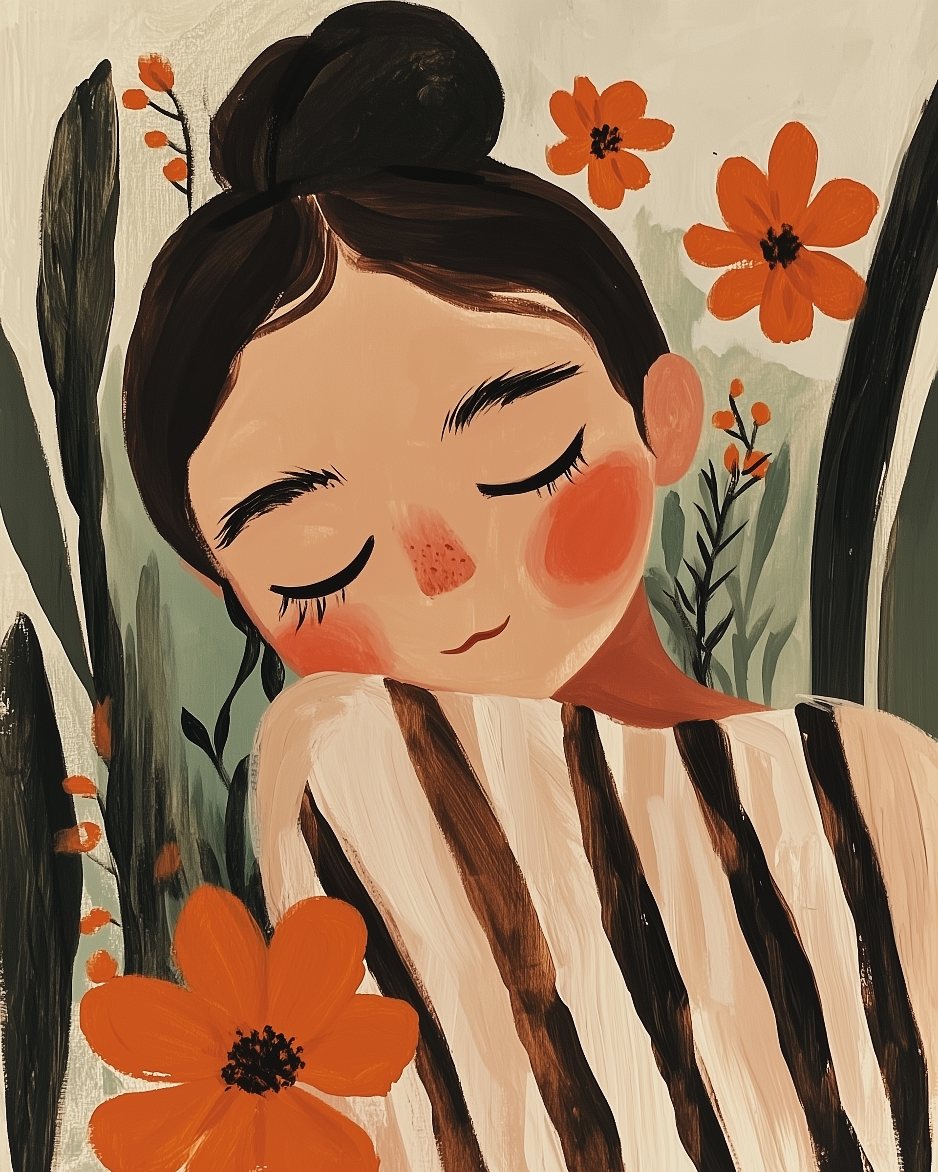 Whimsical painting of a girl with closed eyes and rosy cheeks, resting her head on her striped sleeve among tall leaves and bright orange flowers. The soft, earthy palette adds a dreamy, peaceful feel.