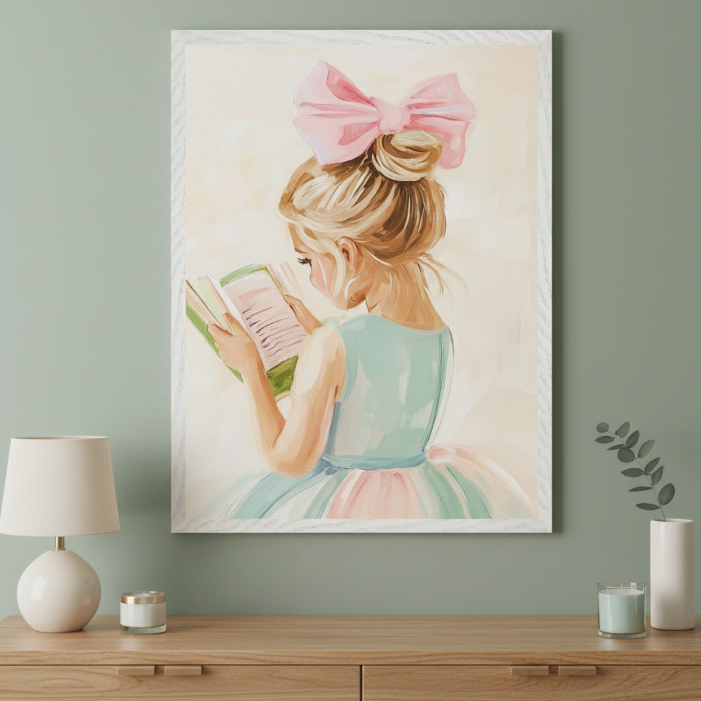 Contemporary room with a light wood dresser. A large framed pastel illustration of a blonde girl with a pink bow, wearing a blue and pink dress, reading a book, hangs centered above the dresser.