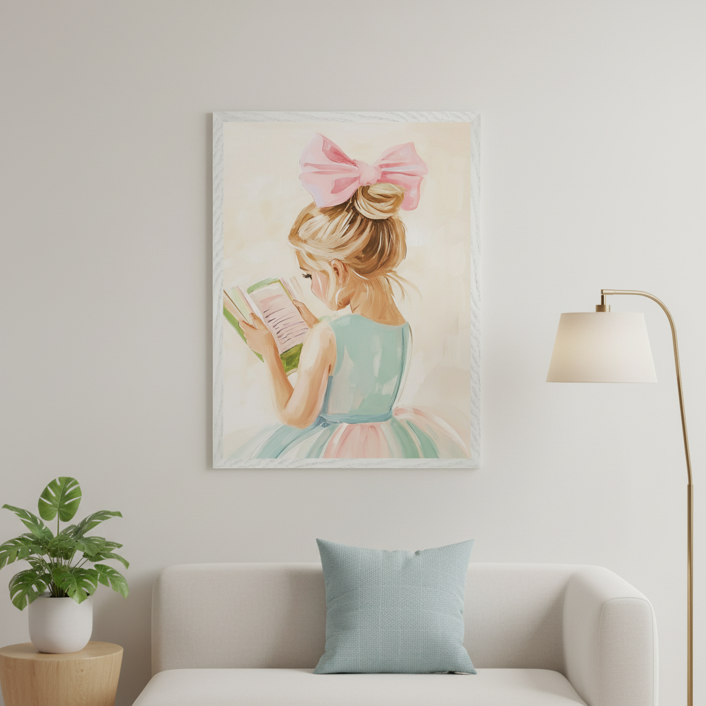 Modern living room with a white sofa and blue cushion. A large framed pastel painting of a blonde girl with a pink bow reading a book hangs centered above the sofa. A gold floor lamp stands right, and a potted plant sits on a wood side table left.
