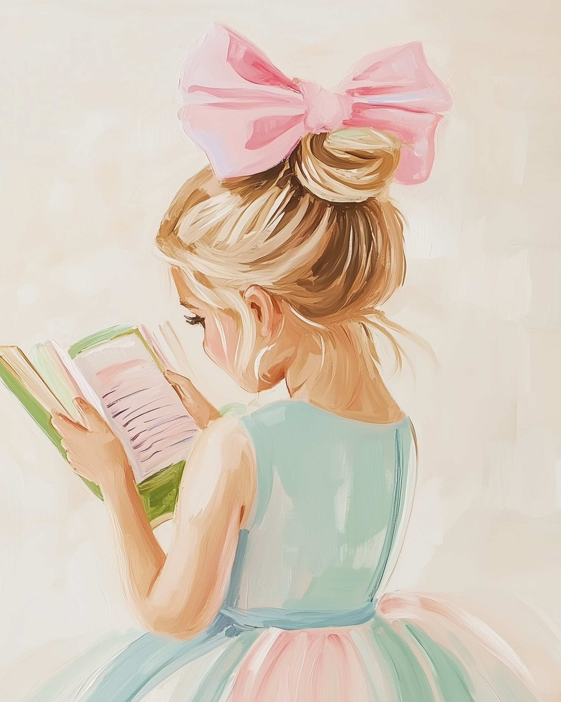 A young girl with a large pink bow in her hair is reading a book. She wears a pastel-colored dress with a blue and pink skirt, creating a soft and charming scene.