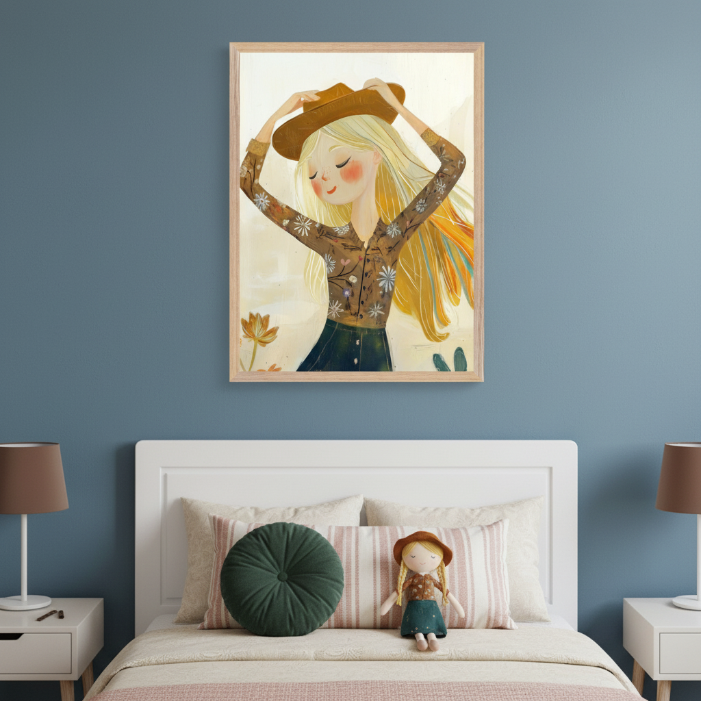Kid's bedroom with a white bed and two nightstands. A large framed illustration of a smiling blonde girl in a floral shirt and green skirt, adjusting a brown hat, hangs centered above the bed.