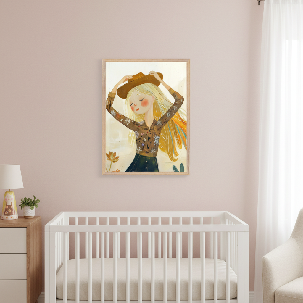 Modern nursery with a pink wall. A white crib is in the foreground. A framed illustration of a smiling blonde girl in a brown hat and floral shirt hangs above the crib. A wooden dresser with a lamp is left, and a white armchair is right.