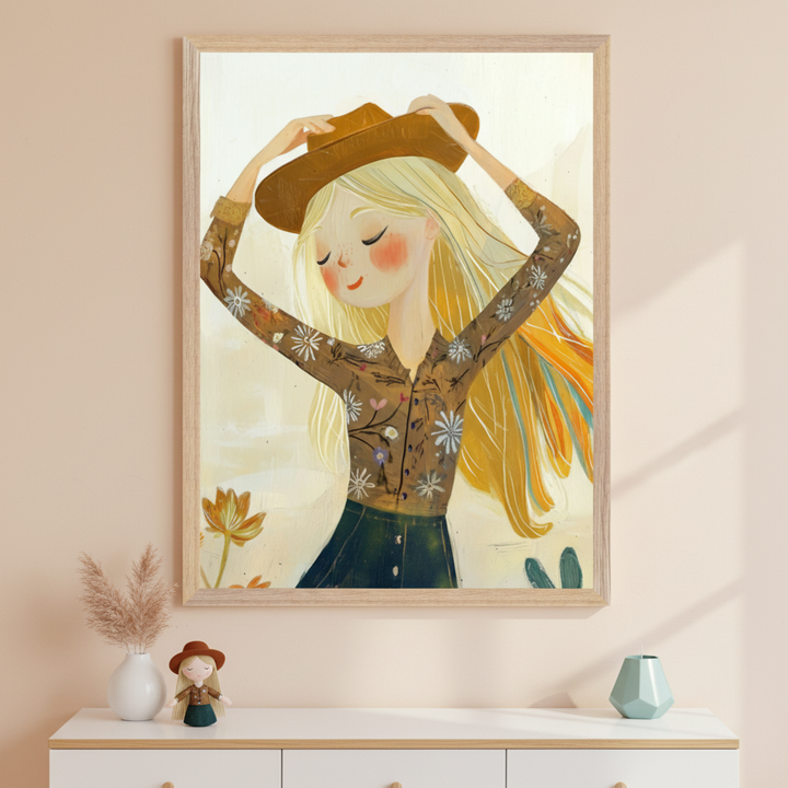 Illustration of a blonde girl, wearing a floral brown shirt and dark skirt, holding a brown hat on her head, with long hair flowing. It hangs centered above a white dresser in a modern room. A vase with pampas grass, a small doll, and a mint green vase are on the dresser.