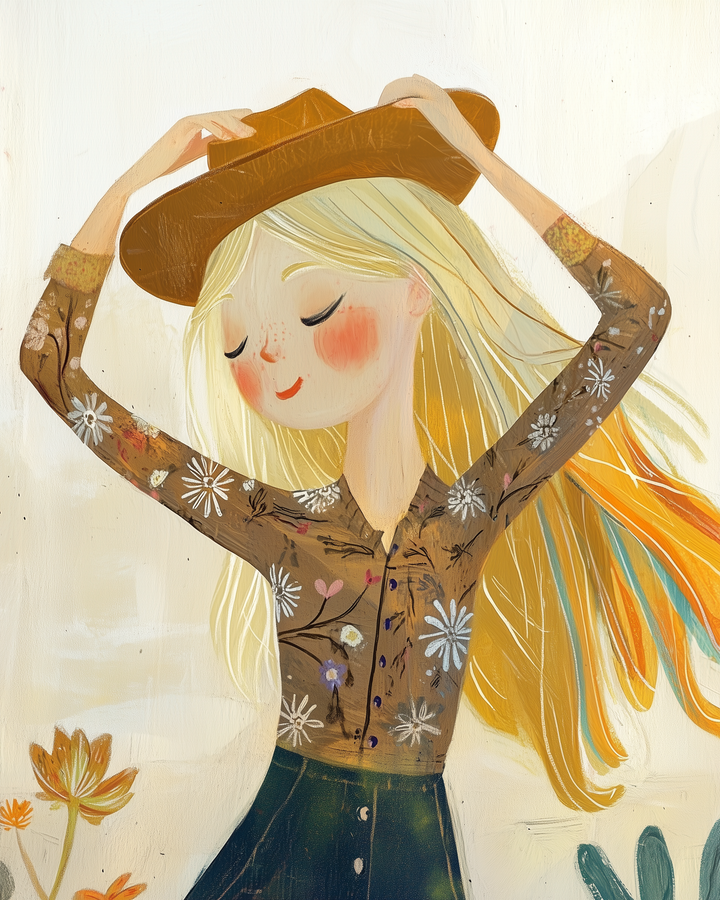 A whimsical illustration of a girl with long blonde hair, wearing a brown hat and a floral-patterned blouse. She is closing her eyes with a serene expression, surrounded by soft, warm colors and abstract floral elements.