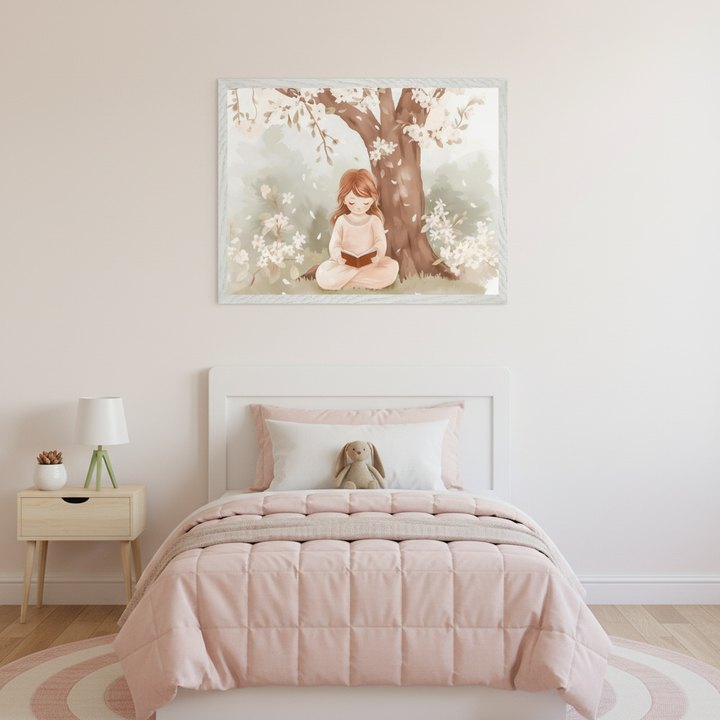 Kid's bedroom with a white bed and pink bedding. A framed watercolor illustration of a girl reading under a blossoming tree hangs centered above the bed. A light wood nightstand with a lamp is to the left.