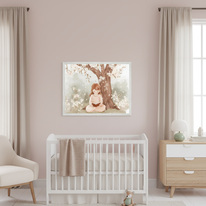 Modern nursery with a light pink wall. A framed illustration of a girl reading under a blossoming tree hangs centered above a white crib. A cream armchair and a wood dresser are also present.