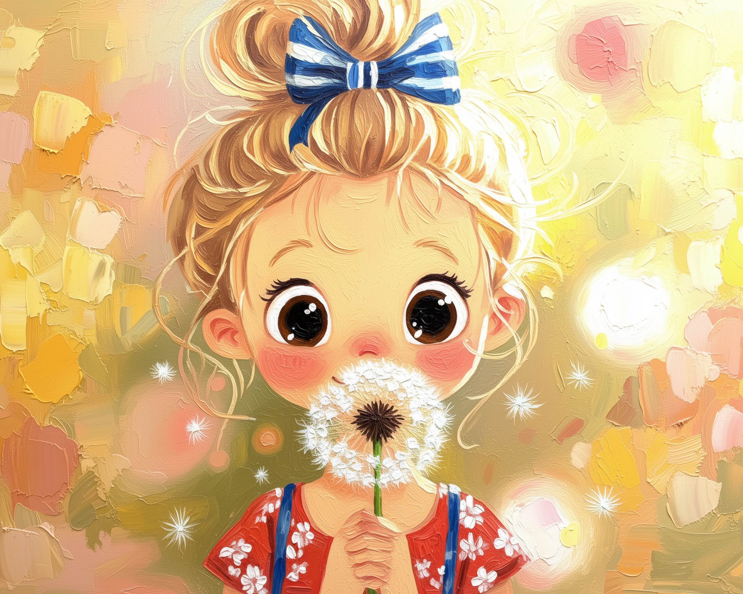 A charming illustration of a young girl with big, expressive eyes holding a dandelion close to her face. She has her hair in a messy bun adorned with a blue and white striped bow and is wearing a red dress with white floral patterns. The background is a soft, dreamy blend of warm colors and abstract shapes, enhancing the whimsical feel.