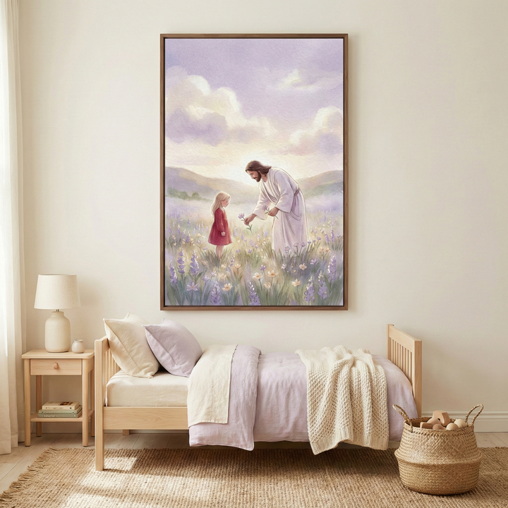 A framed vertical artwork hangs on a beige wall above a child’s bed. In the artwork, Jesus Christ, dressed in a white robe, leans down to hand a small purple flower to a young blonde girl in a red dress. They are in a soft meadow filled with wildflowers under a hazy, pastel sky. The bedroom features a light-colored wooden bed with lavender and cream bedding, a matching nightstand with a lamp, and a natural fiber rug. A woven basket with wooden toys sits on the floor.