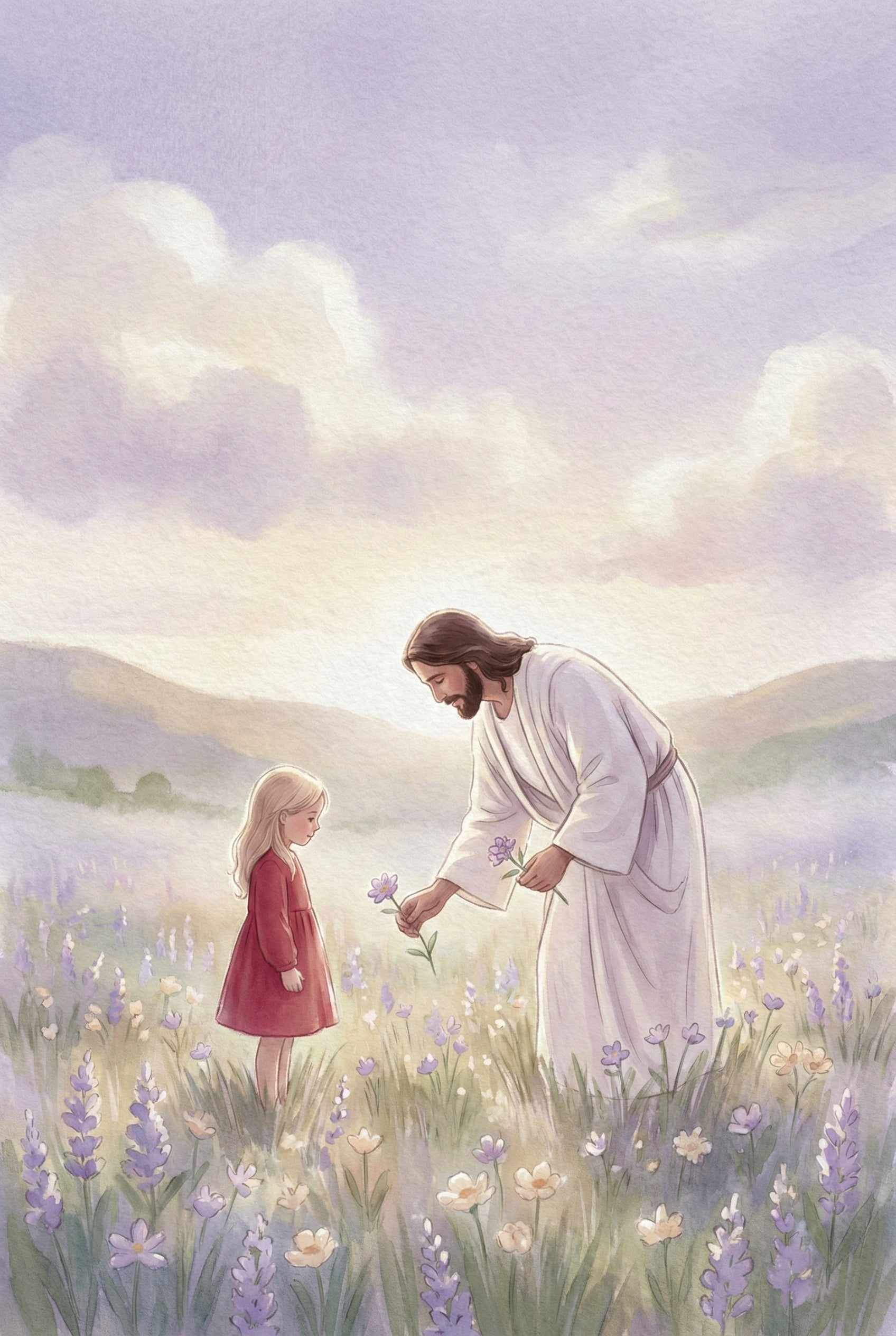 Young Girl And Jesus Artwork - Jesus Giving Flowers
