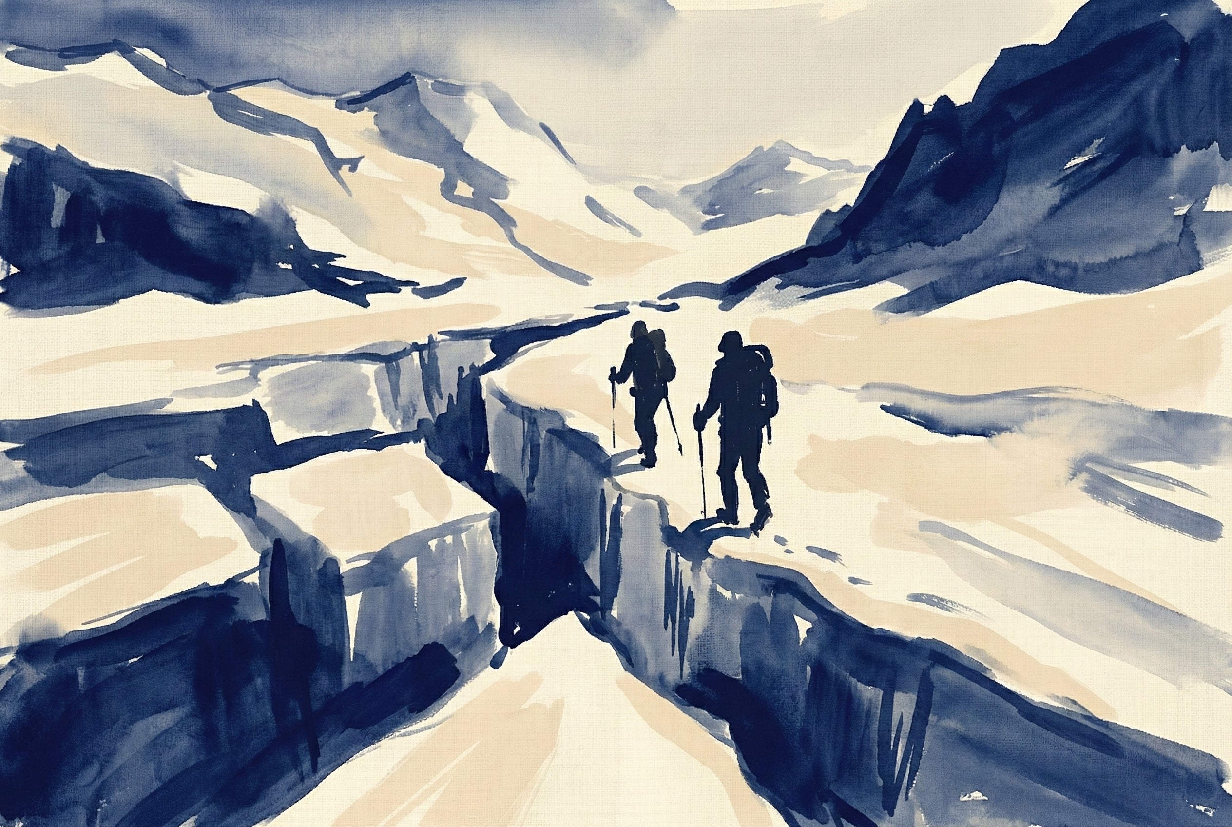Two mountaineers carefully hike along the edge of deep crevasses in a stark glacier-covered landscape, painted in shades of blue and cream.

