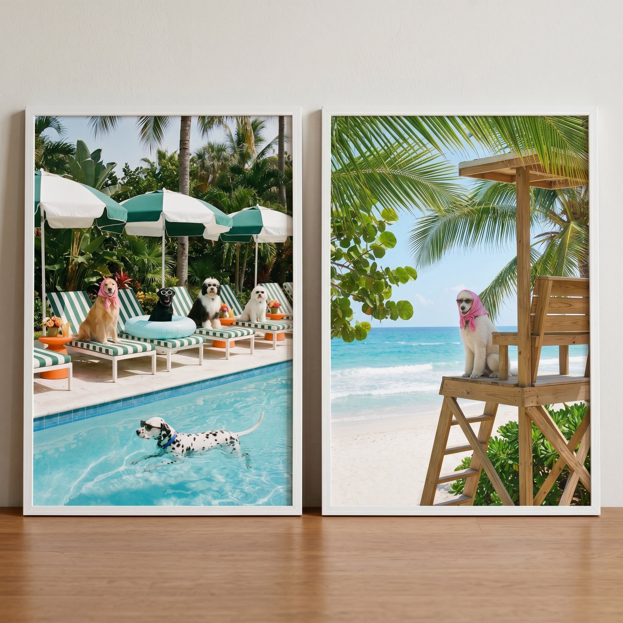 Glamorous Tropical Resort Dog Wall Art Set of 2 - Posh Pooch Vacation