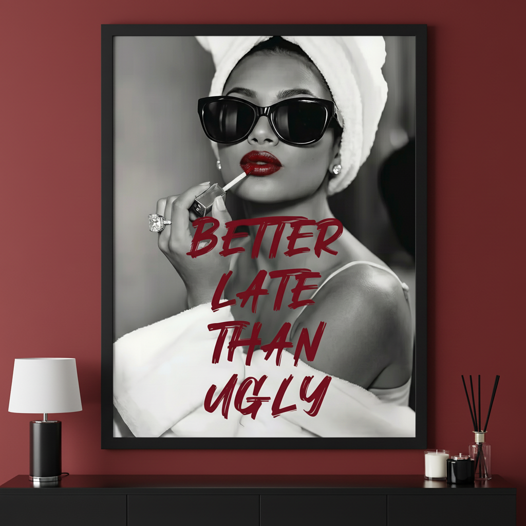 Modern room with a black console table. A large framed black and white portrait of a woman applying red lipstick, wearing sunglasses, and a towel, hangs centered above the table. The artwork includes red text that reads "BETTER LATE THAN UGLY".