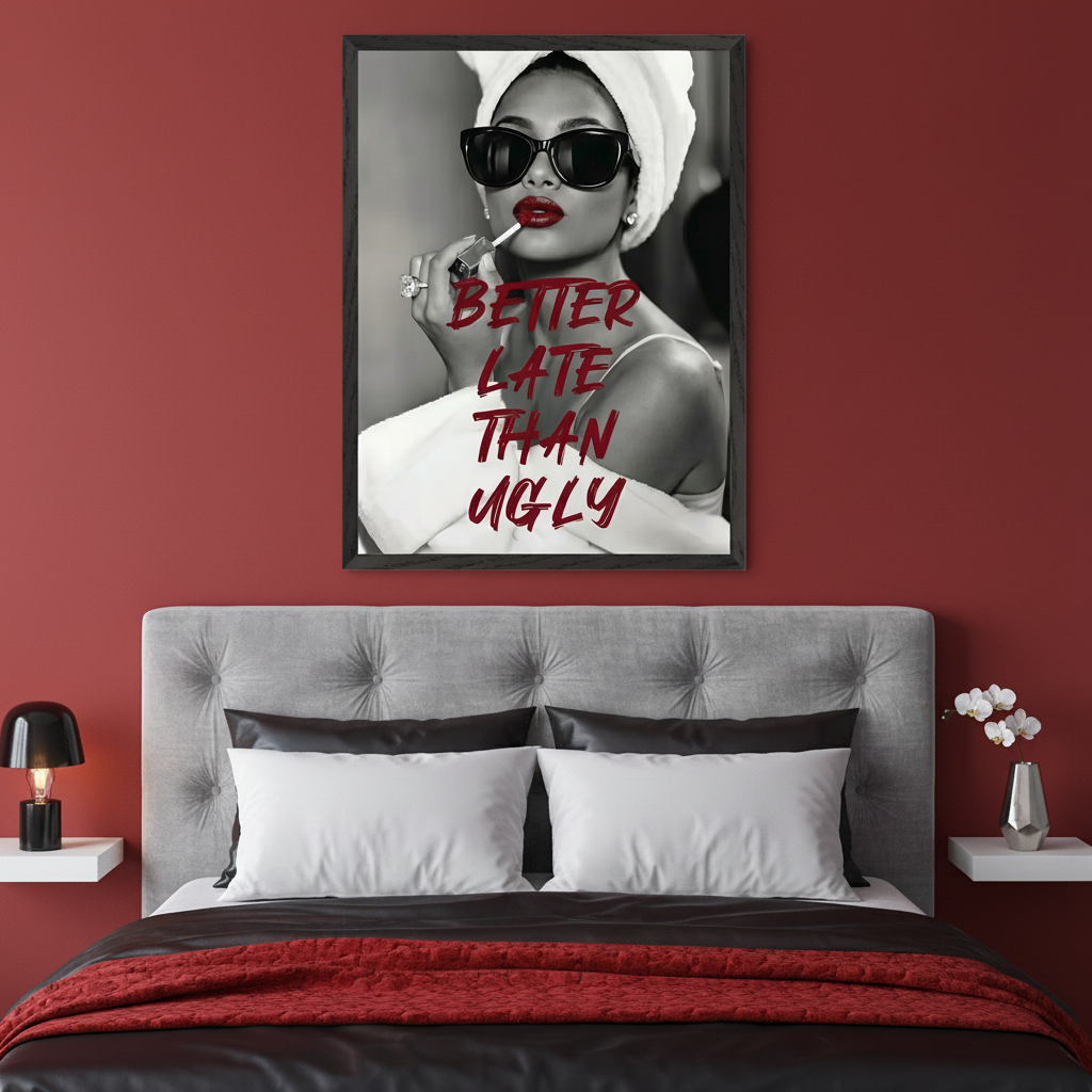 Modern bedroom with a grey tufted bed. A large framed black and white portrait of a woman applying red lipstick, wearing sunglasses and a towel, with the text "Better Late Than Ugly" is centered above the bed.