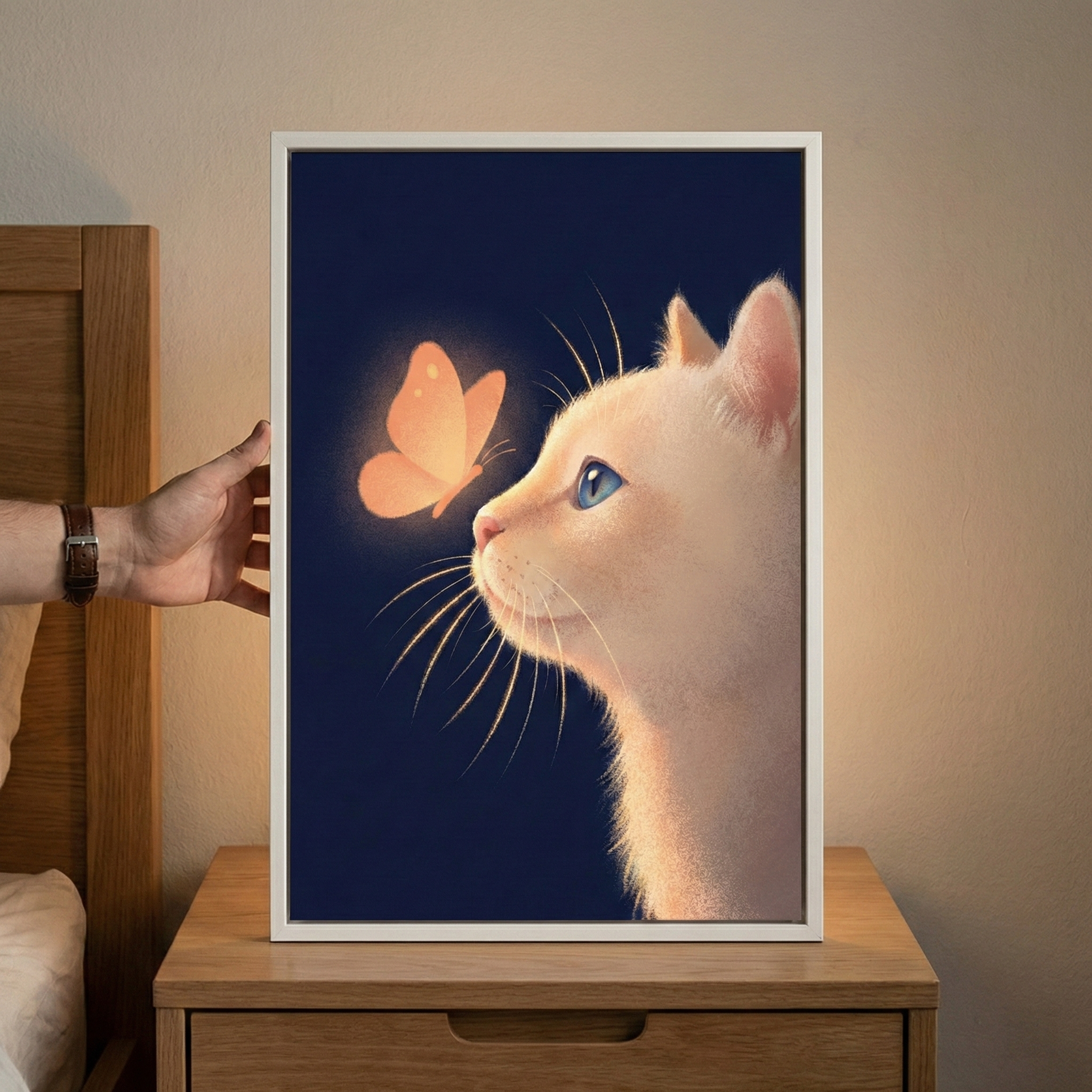 A vertical white-framed illustration sits on a wooden nightstand, held by a hand on its left edge. Inside the frame, a cream-colored cat with bright blue eyes is shown in profile, looking curiously at a glowing orange butterfly positioned just in front of its nose. The artwork features a dark navy blue background, highlighting the soft orange glow from the butterfly onto the cat's fur and whiskers. The style is soft and whimsical.