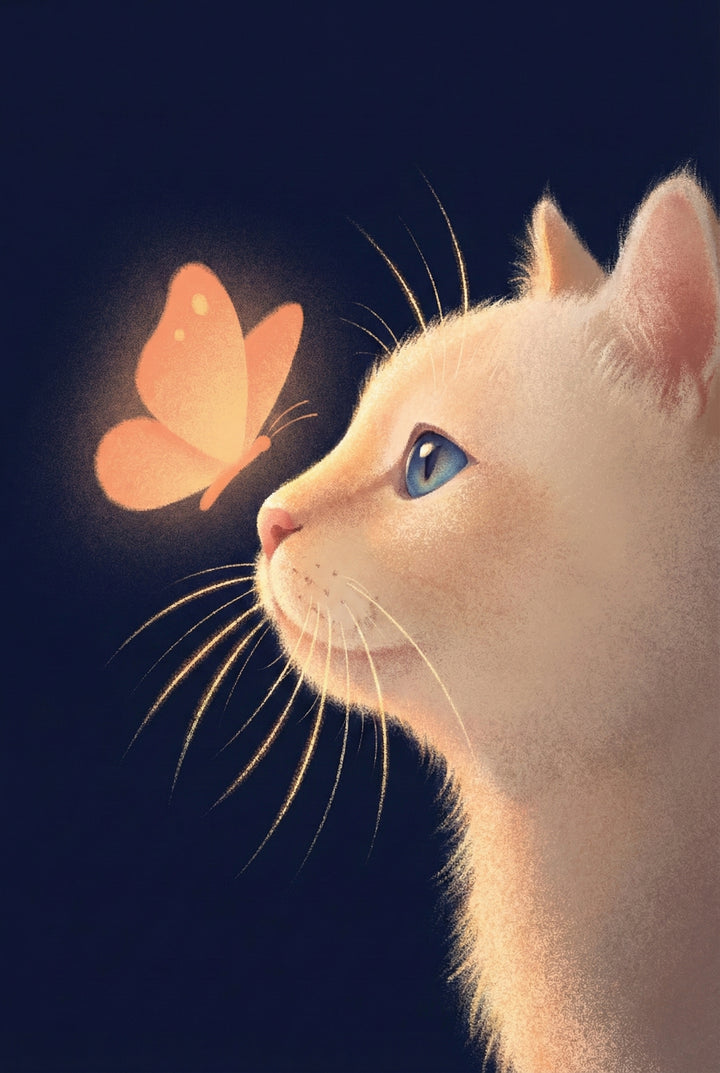 A digital illustration depicts a light orange cat in profile against a dark navy background. The cat, with soft fur texture and a bright blue eye, looks upward toward a glowing orange butterfly hovering just before its nose. The butterfly radiates a warm, soft light that illuminates the cat's long whiskers and the delicate fur around its face. The style is gentle and whimsical, focusing on the quiet, magical interaction between the two creatures in a dark setting.
