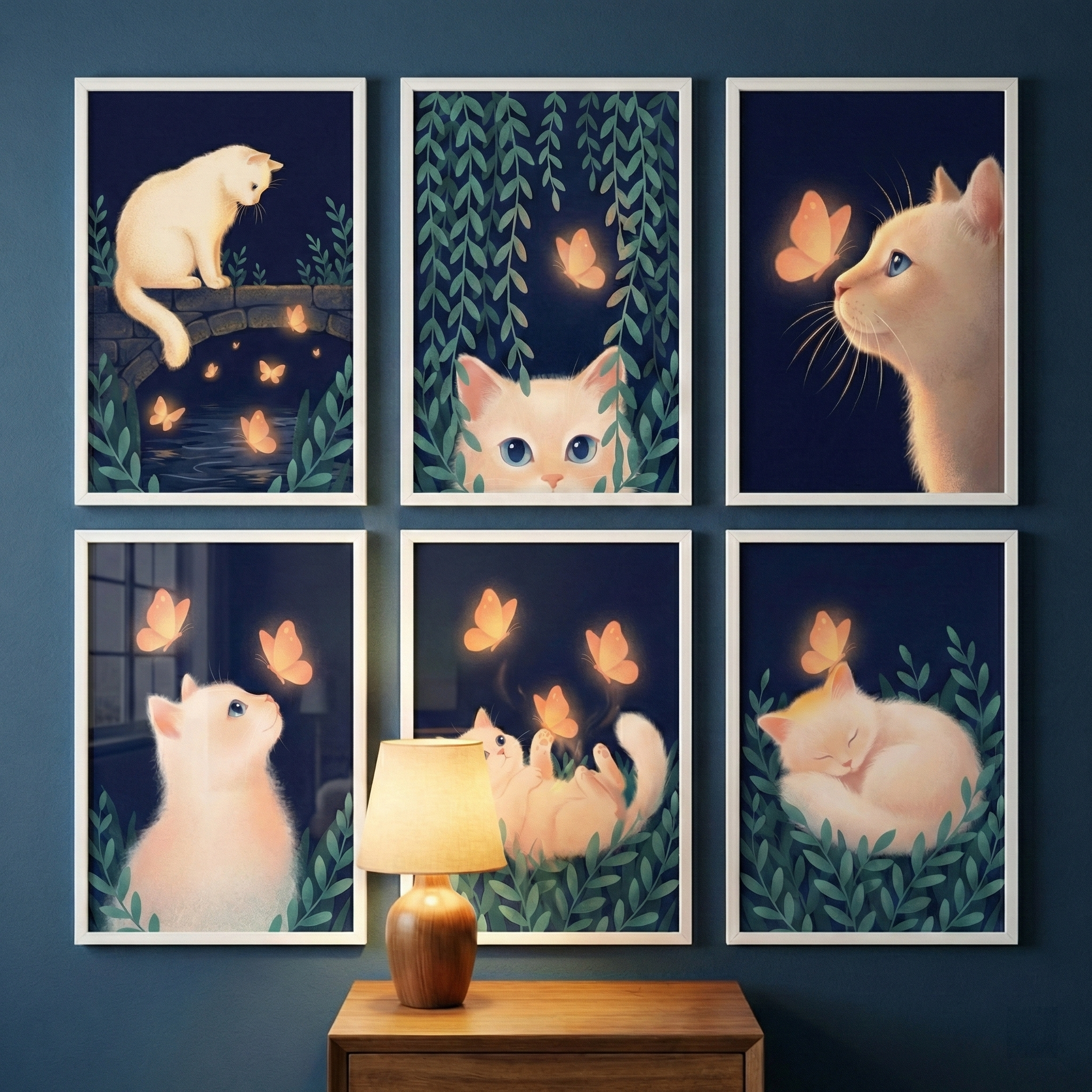 Six framed illustrations are arranged in a two-by-three grid on a dark teal wall. Each piece features a fluffy, cream-colored cat in a whimsical nighttime setting with glowing orange butterflies. The scenes depict the cat on a small bridge, peeking through willow leaves, in a close-up profile, looking out a window, playing on its back in foliage, and curled up asleep. Below the art, a small lamp on a wooden console table casts a warm glow that echoes the light from the butterflies.