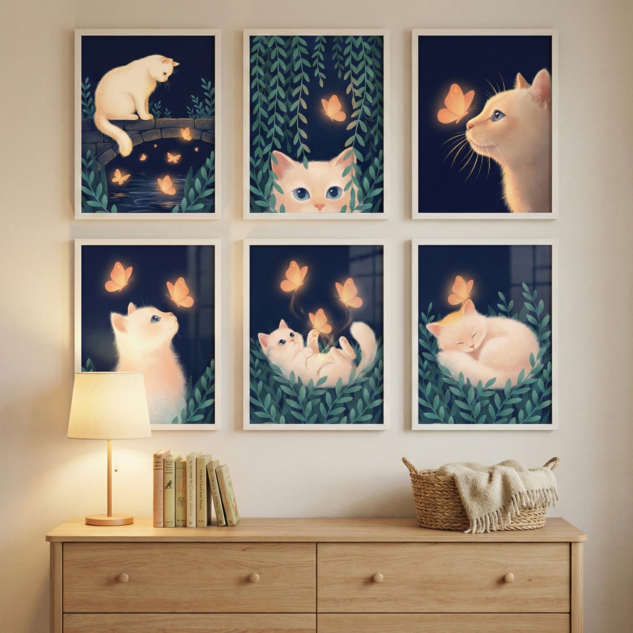 Six framed vertical illustrations are arranged in a two-by-three grid on a light-colored wall. Each illustration features a fluffy, cream-colored cat and glowing orange butterflies against a dark blue background with lush green leaves. The scenes show the cat sitting on a bridge, peeking through hanging vines, looking at a butterfly near its face, gazing up at butterflies, playing on its back, and curled up asleep. Below, a wooden dresser holds a glowing lamp, a row of books, and a woven basket.
