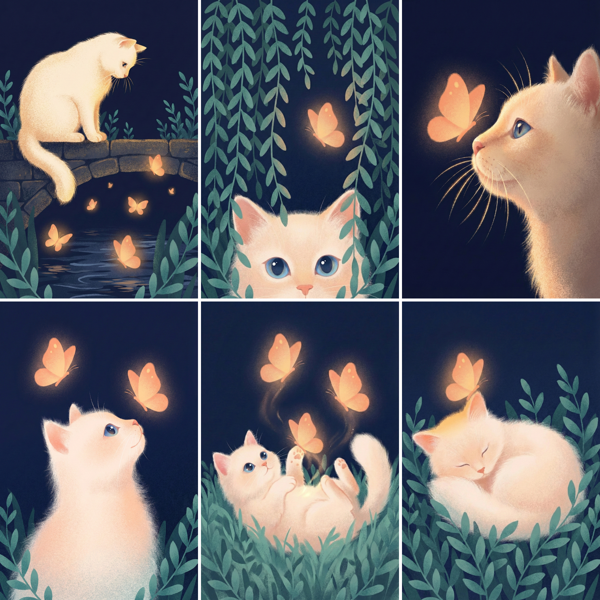Six soft glowing illustrations of a fluffy white kitten with bright blue eyes surrounded by warm orange butterflies against a deep navy night sky. The scenes show the kitten perched on a small stone bridge over water, peeking through hanging green leaves, gazing up at floating butterflies, playfully rolling in grass beneath three glowing wings, and peacefully sleeping curled in foliage. 
