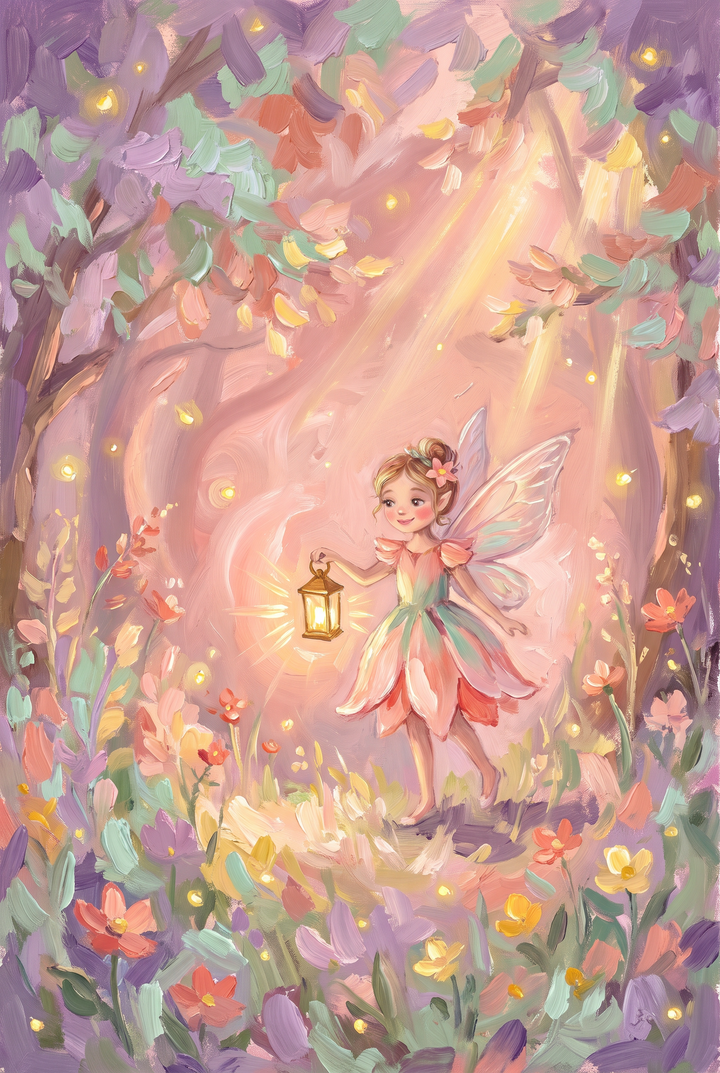 Winged girl in a petal dress walks through a pastel forest in this glowing gold lantern fairy wall art.