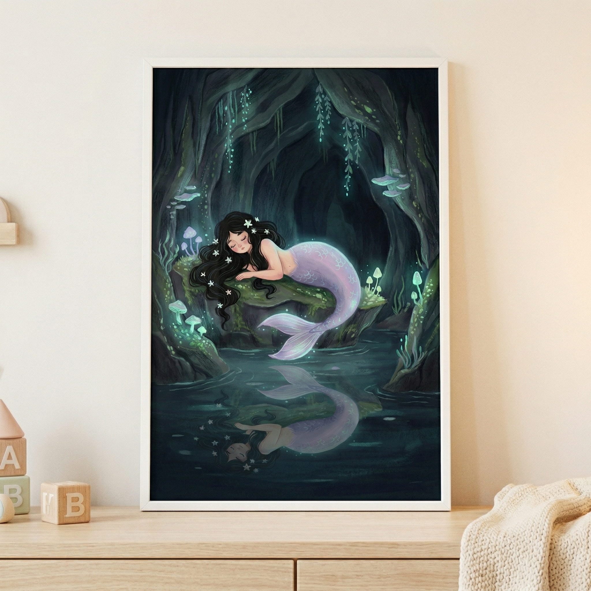 Glowing Mushroom Sleeping Mermaid Wall Art - Glowing Mermaid Dream