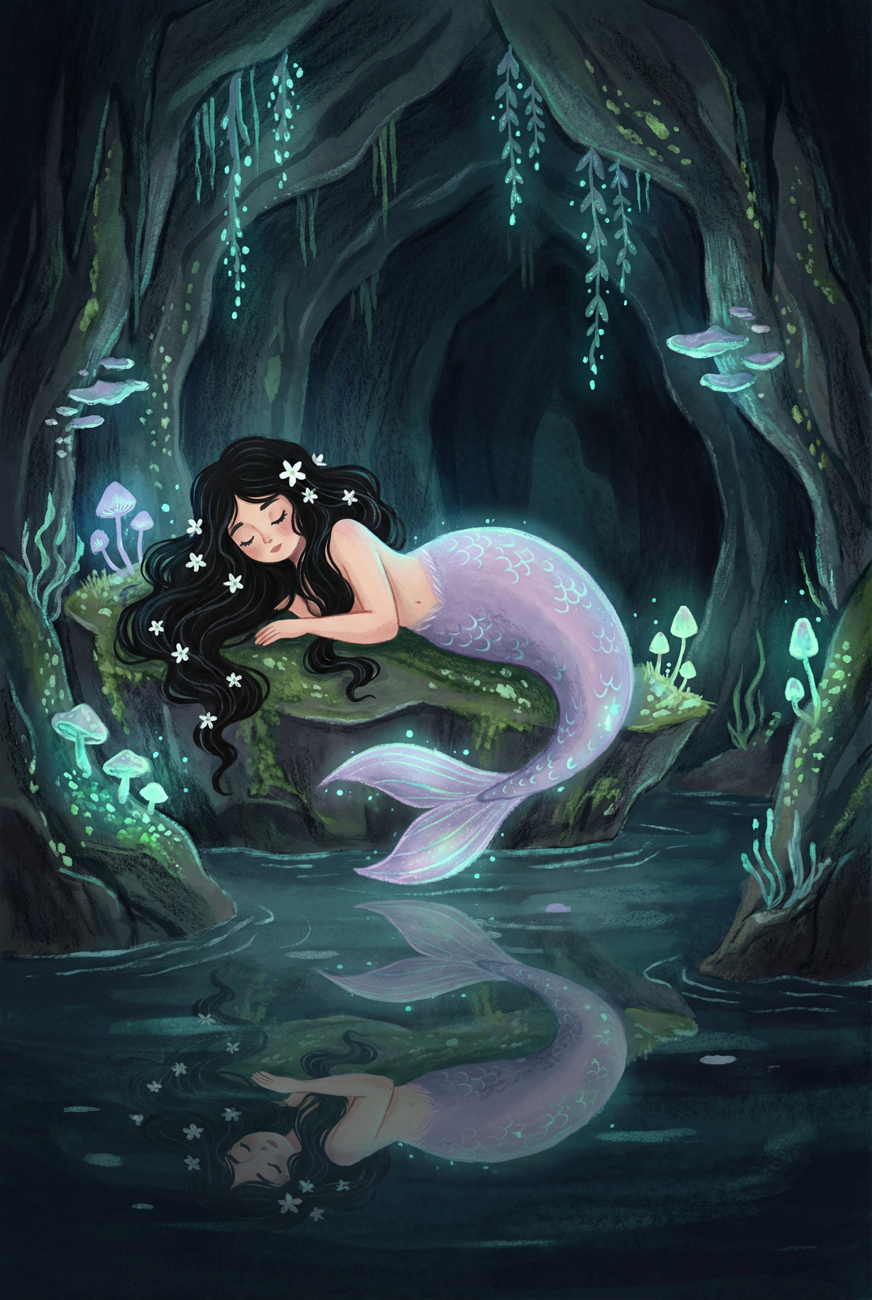 Glowing Mushroom Sleeping Mermaid Wall Art - Glowing Mermaid Dream