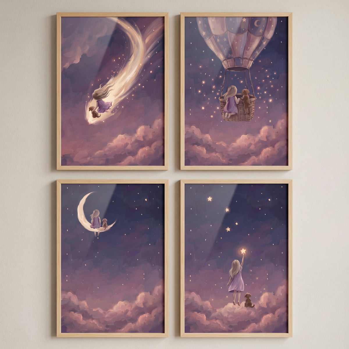 Glowing night girl puppy wall art set of 4 with a child and dog on a moon, comet, and balloon in a purple sky.