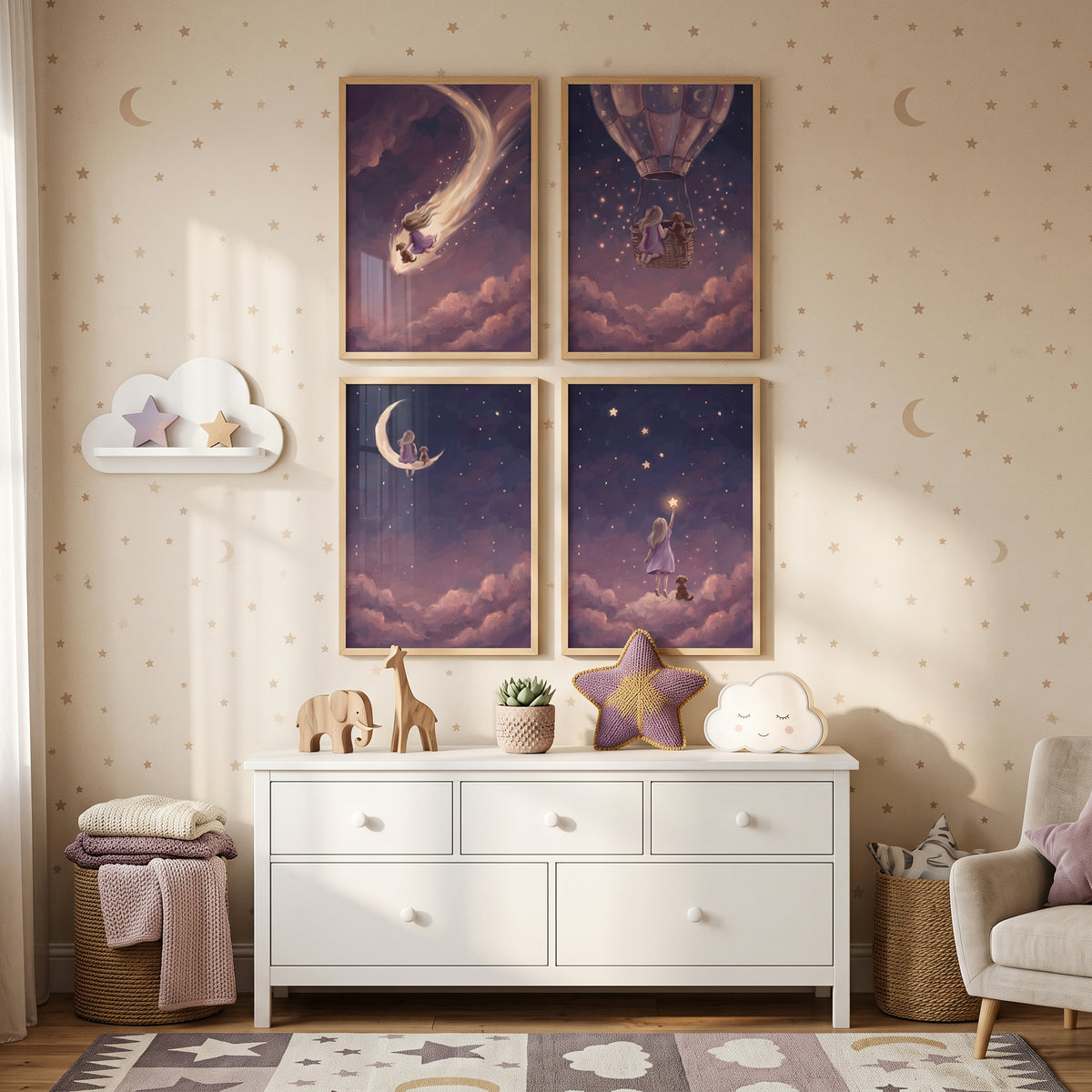 Glowing Night Girl Puppy Wall Art Set of 4 - Celestial Sky Adventure