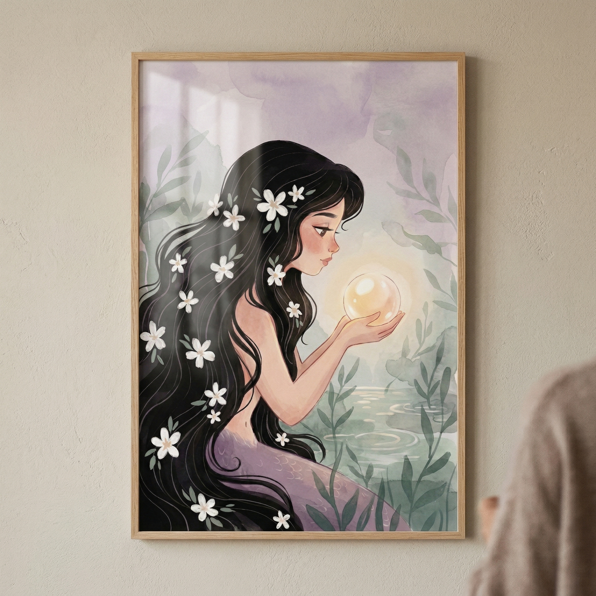 Glowing Pearl Hair Mermaid Wall Art - Luminous Pearl Mermaid
