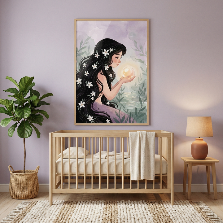 A framed vertical illustration hangs on a light purple wall above a light wood crib in a nursery. The illustration depicts a woman with very long, dark hair decorated with small white flowers, holding a glowing sphere. She has a purple lower body suggesting a mythical sea creature and is surrounded by soft green leaves and a purple-toned background. 
