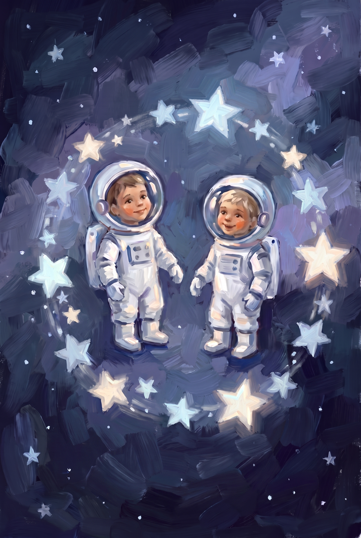 Two toddlers in space suits float inside a ring of stars in this glowing star baby astronauts wall art.