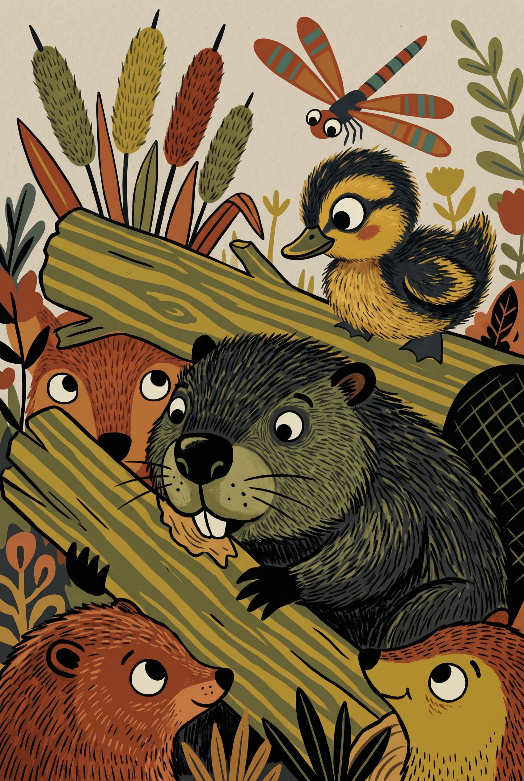 Gnawing Log Woodland Beaver Animals Wall Art - Forest Friends Gathering