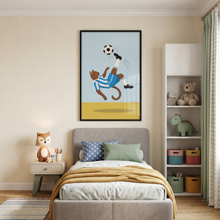 Goal kick soccer cat wall art hangs over a child's bed. A fox lamp and stuffed toys decorate the neutral-toned room.