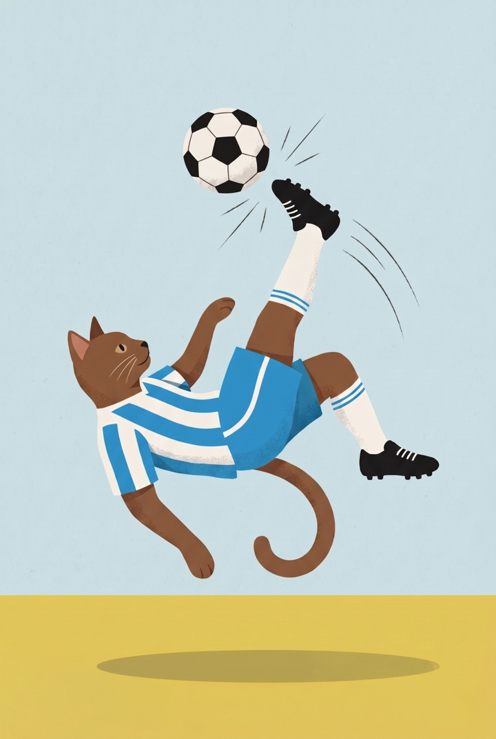 Goal kick soccer cat wall art featuring a brown cat in a blue striped kit performing a bicycle kick mid-air.