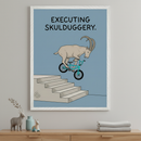 Modern room with a light wood dresser. A large framed print hangs above the dresser, showing a cartoon goat riding a turquoise BMX bike down stairs, with text "EXECUTING SKULDUGGERY."