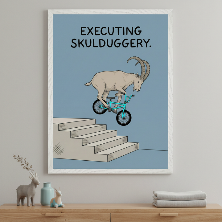 Modern room with a light wood dresser. A large framed print hangs above the dresser, showing a cartoon goat riding a turquoise BMX bike down stairs, with text "EXECUTING SKULDUGGERY."