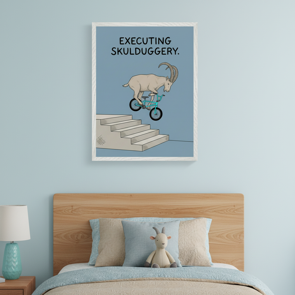 Kid's bedroom with a light wood bed and a plush goat toy. A framed print hangs centered above the bed, depicting a cartoonish goat on a blue BMX bike jumping down stairs, with the text "EXECUTING SKULDUGGERY." A lamp is on a nightstand to the left.