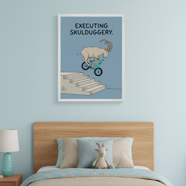 Kid's bedroom with a light wood bed and a plush goat toy. A framed print hangs centered above the bed, depicting a cartoonish goat on a blue BMX bike jumping down stairs, with the text "EXECUTING SKULDUGGERY." A lamp is on a nightstand to the left.