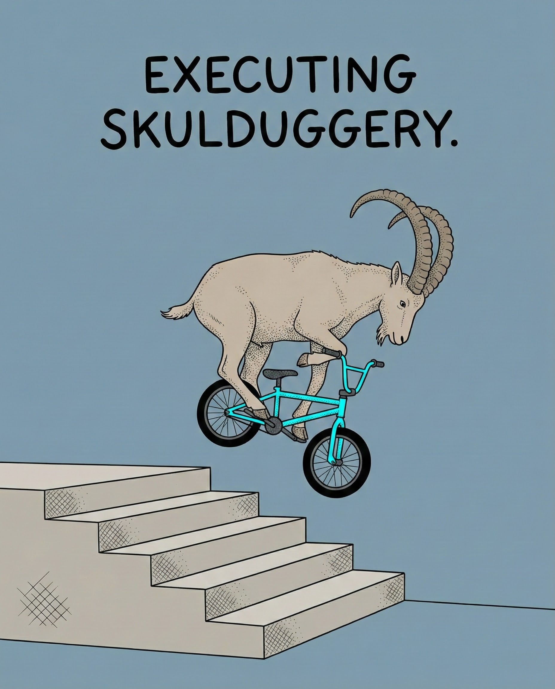 A goat with curved horns rides a teal BMX bike down a set of concrete stairs beneath the caption “Executing skulduggery.” The scene combines athletic stunt energy with absurd humor.
