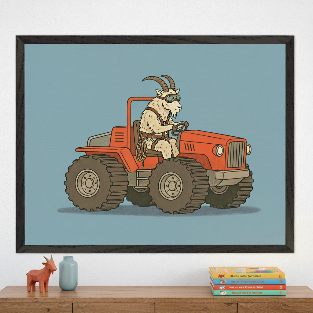 Modern room with a wooden dresser. Above it hangs a large framed illustration of a cartoon mountain goat in goggles and harness, driving an orange tractor on a blue background. A goat figurine, vase, and books sit on the dresser.