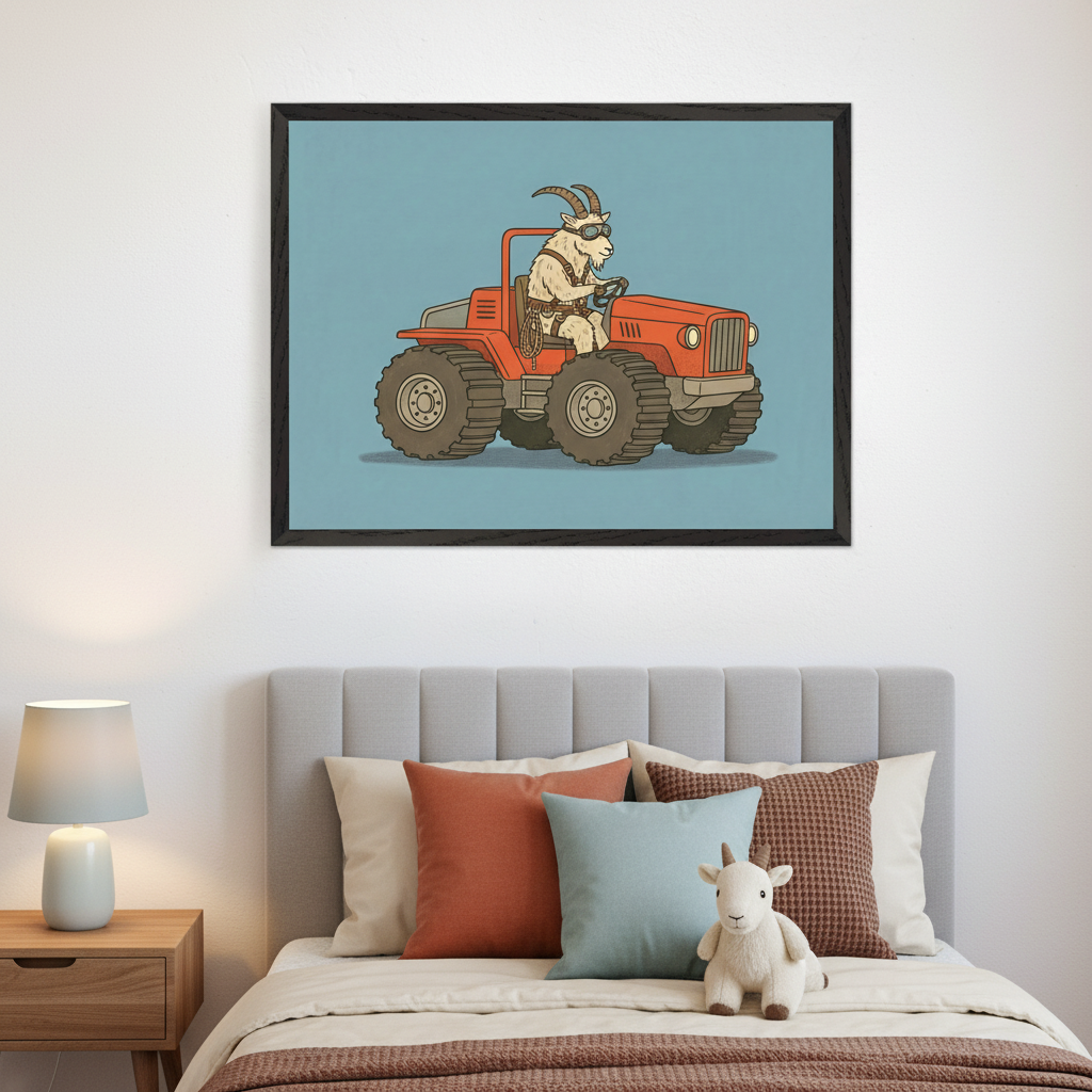 Modern bedroom with a gray upholstered bed and a wooden nightstand with a lamp. A large black-framed cartoon of a white goat in sunglasses driving a red tractor hangs above the bed. A goat plushie sits on the bed.
