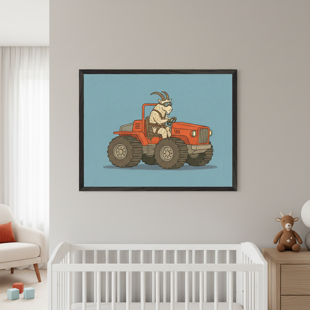 Modern nursery with a white crib, armchair, and wooden dresser. A large framed illustration of a goat in aviator goggles driving an orange tractor hangs centered above the crib.