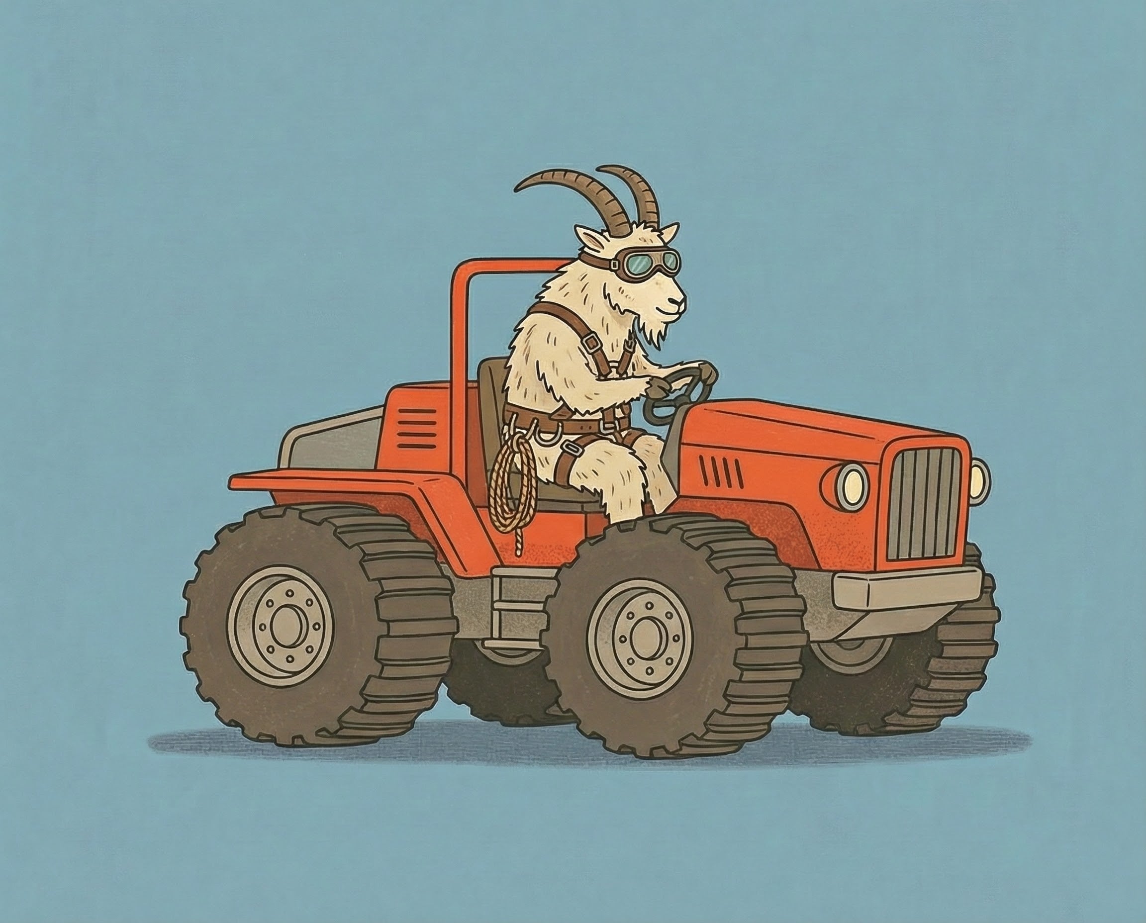 A confident goat wearing goggles and climbing gear drives a red off-road vehicle with oversized tires, presenting an adventurous and outdoorsy image perfect for both kids' and adults' content.
