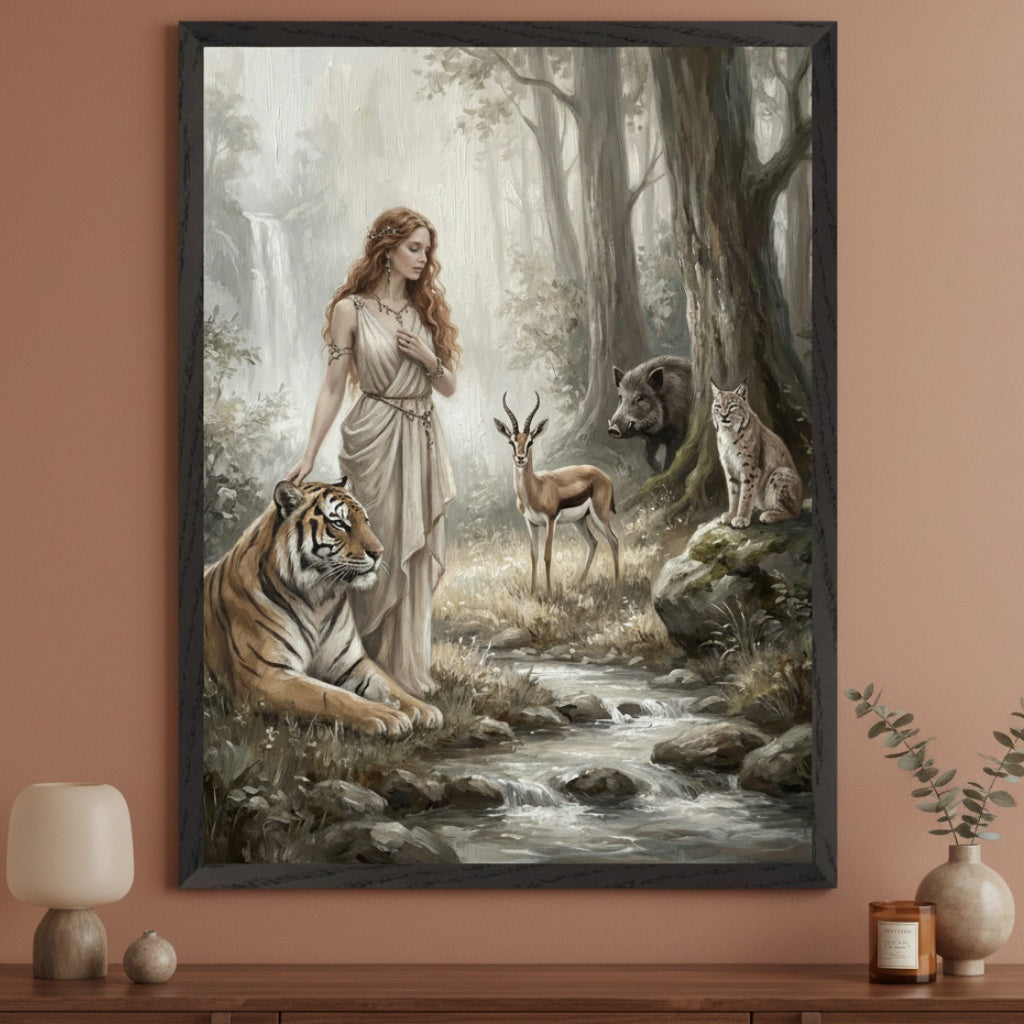 Contemporary room with a wooden console table. A large framed painting hangs centered above the table, depicting a woman in a flowing white dress with a tiger, gazelle, wild boar, and lynx in a misty forest with a waterfall and stream, in a realistic style.