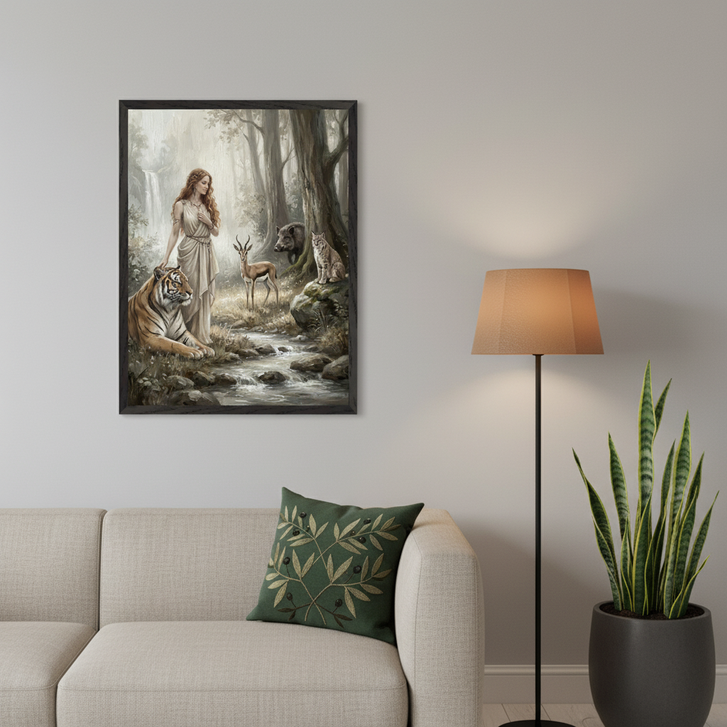 Modern living room with a beige sofa and green pillow. A large framed painting of a woman with a tiger, deer, boar, and bobcat in a forest with a waterfall hangs above the sofa. A floor lamp and snake plant are on the right.