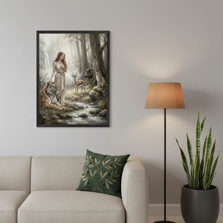 Modern living room with a beige sofa and green pillow. A large framed painting of a woman with a tiger, deer, boar, and bobcat in a forest with a waterfall hangs above the sofa. A floor lamp and snake plant are on the right.