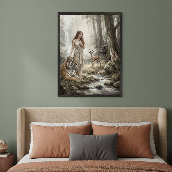 Modern bedroom with a beige upholstered bed. A large framed painting depicting a woman, tiger, deer, boar, and lynx by a stream in a misty forest with a waterfall hangs centered above the bed.