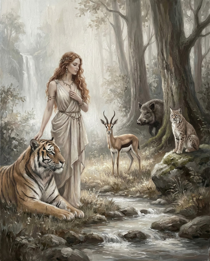 A serene red-haired woman in a flowing pale gown stands beside a calm tiger in a misty forest clearing, with a gazelle, boar, and lynx nearby, evoking themes of nature, harmony, and mythical guardianship.
