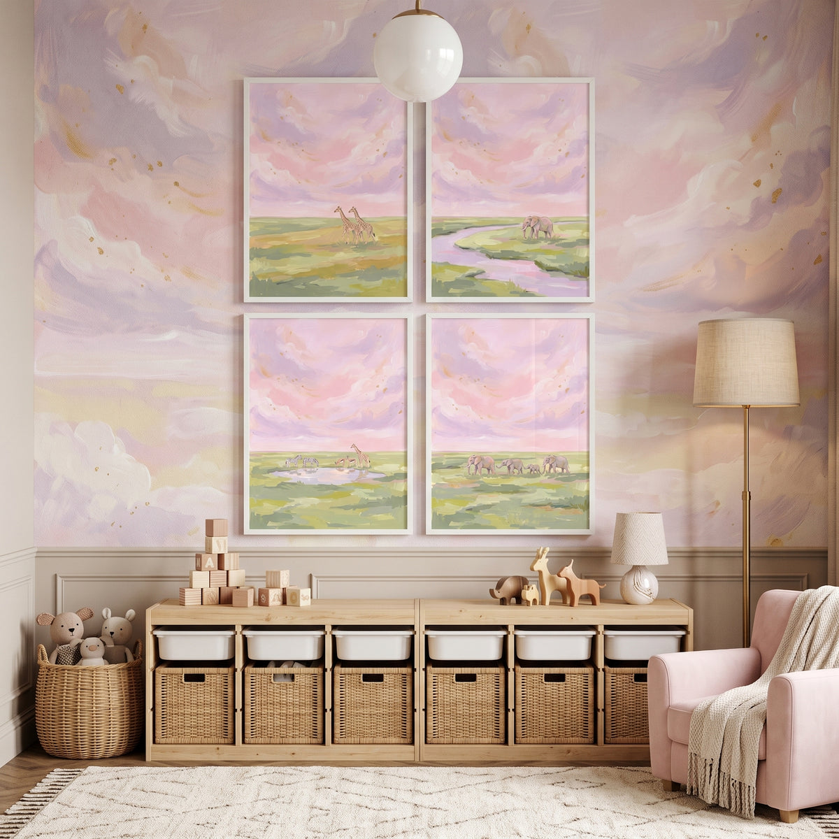 Gold Blush Safari Animals Wall Art Set of 4 - Gentle Wild Horizons