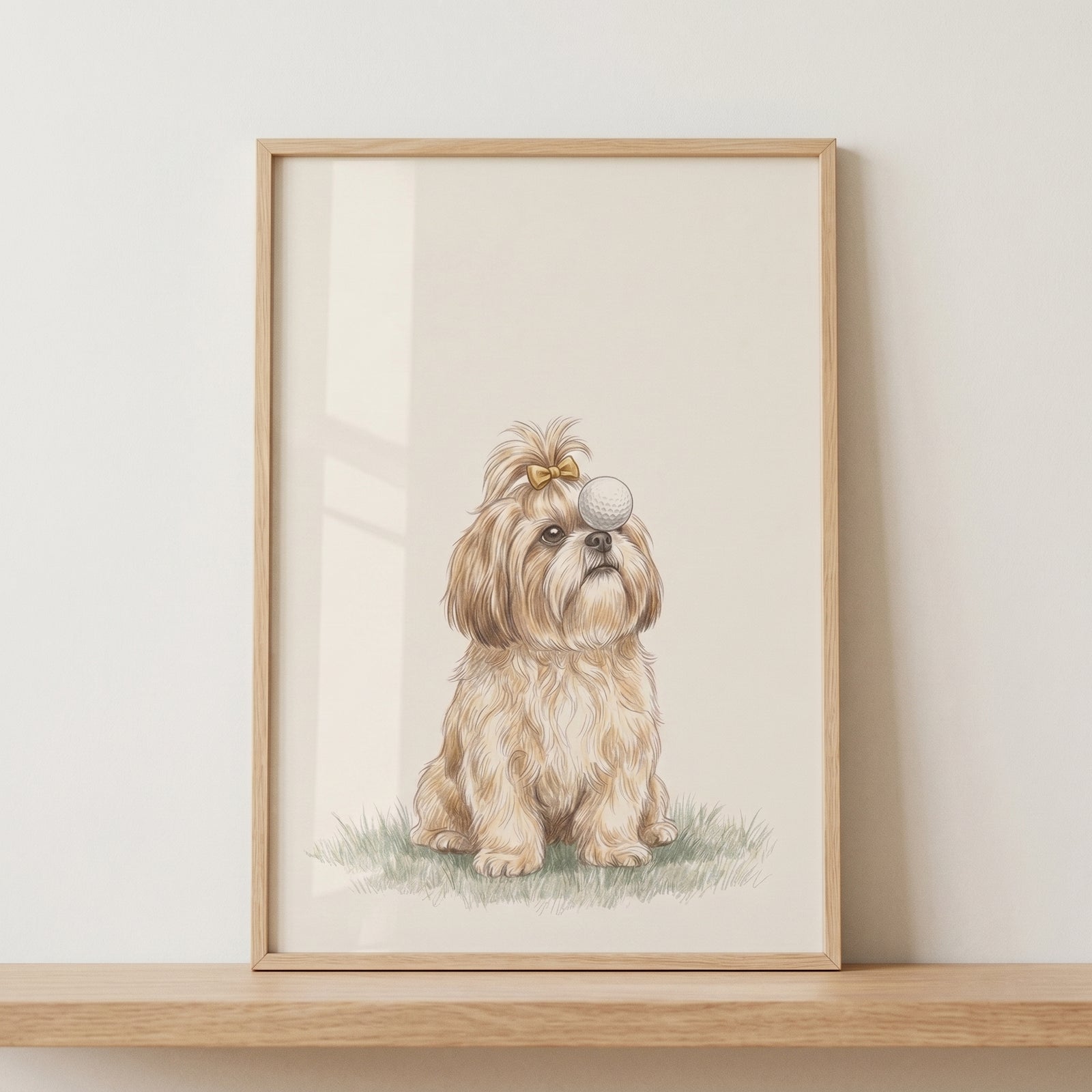 Gold bow shih tzu dog wall art showing a fluffy dog sitting in grass with a golf ball balanced over its eye.